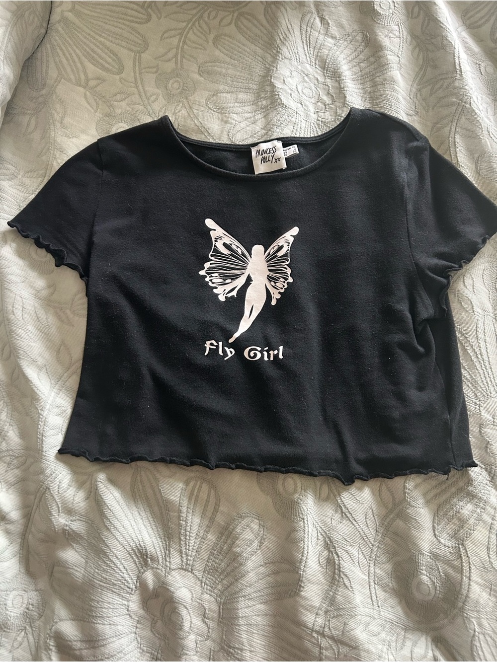 Princess Polly Black Crop Tee with White Fairy Graphic